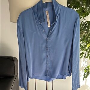 Raquel Allegra Soft Blue Relaxed Long Sleeve Mandarin Collar Shirt